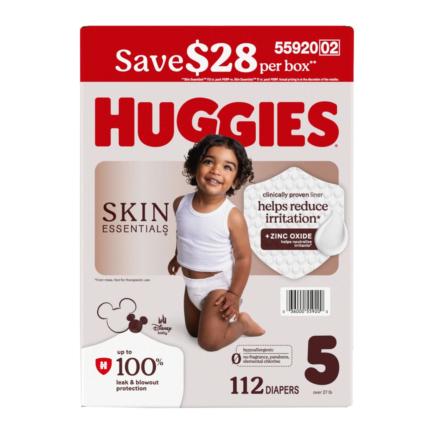 Huggies Skin Essentials Baby Diapers, Size 5, 112 Count, 11 lb, White and Red Box, White Diapers