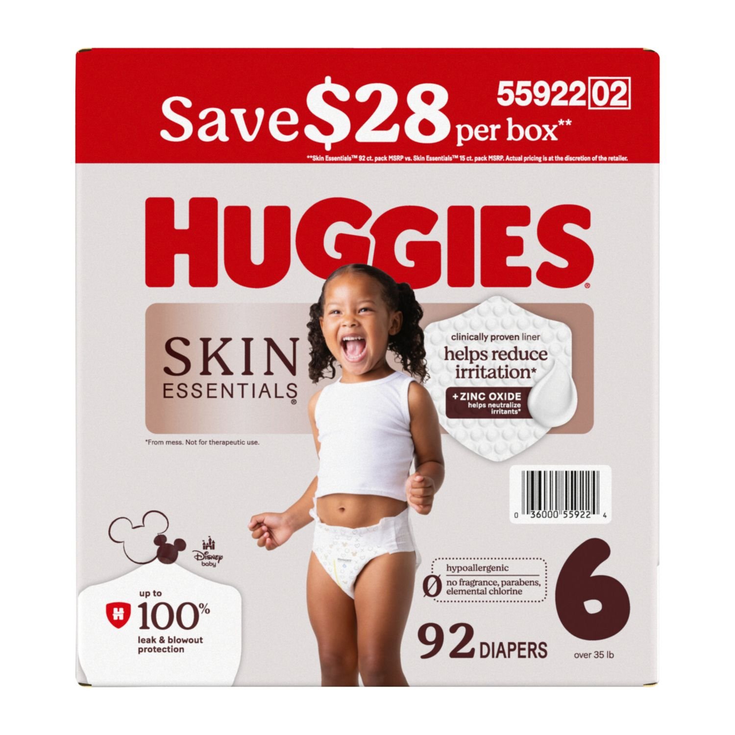 Huggies Skin Essentials Baby Diapers, Size 6, 92 Count, 9.7 lb, White and Red Box, White Diapers
