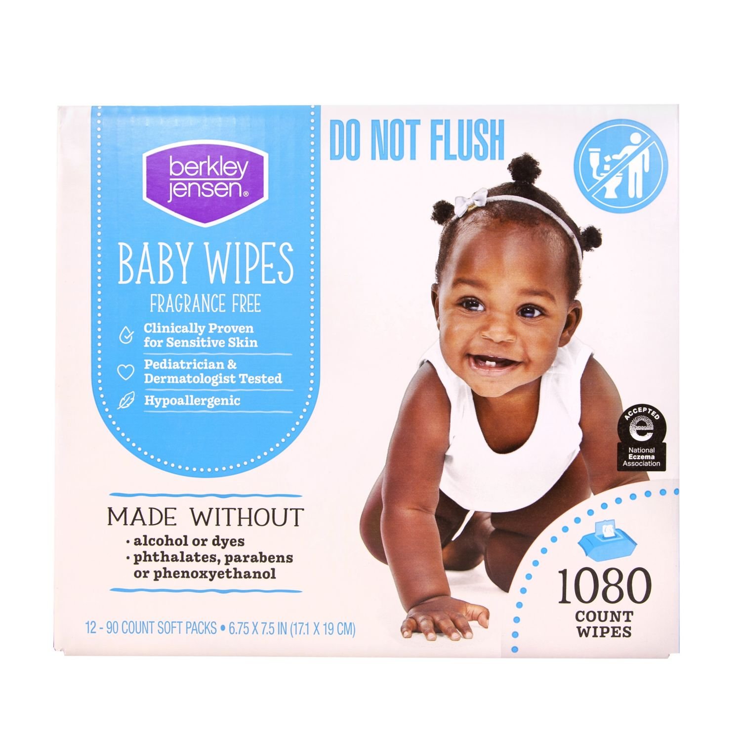 Berkley Jensen Baby Wipes - Fragrance Free, 12 Packs, 1,080 Count, 17.7 lb, White and Blue Package, White Wipes
