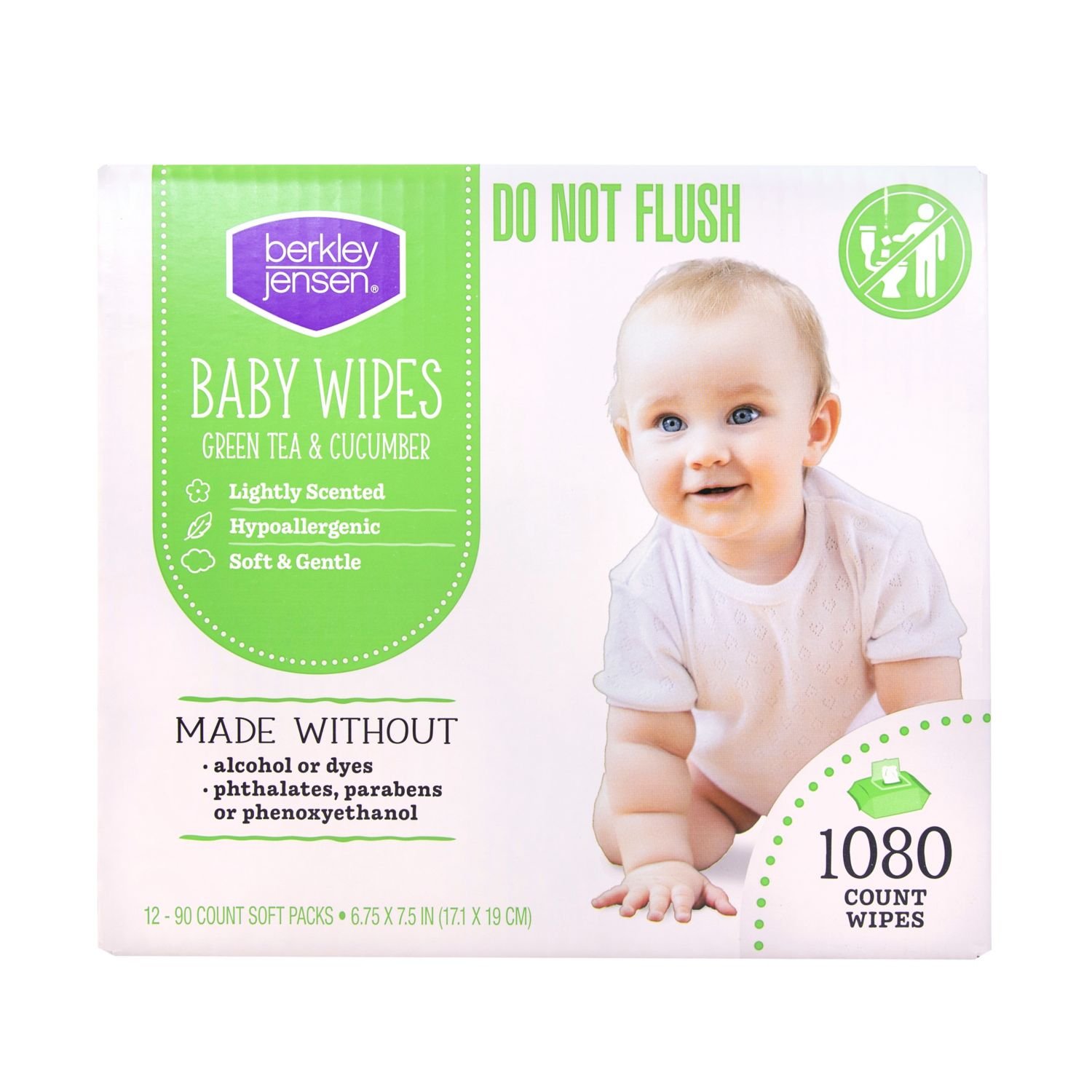 Berkley Jensen Baby Wipes - Green Tea & Cucumber, 12 Packs, 1,080 Count, 17.7 lb, White and Green Package, White Wipes