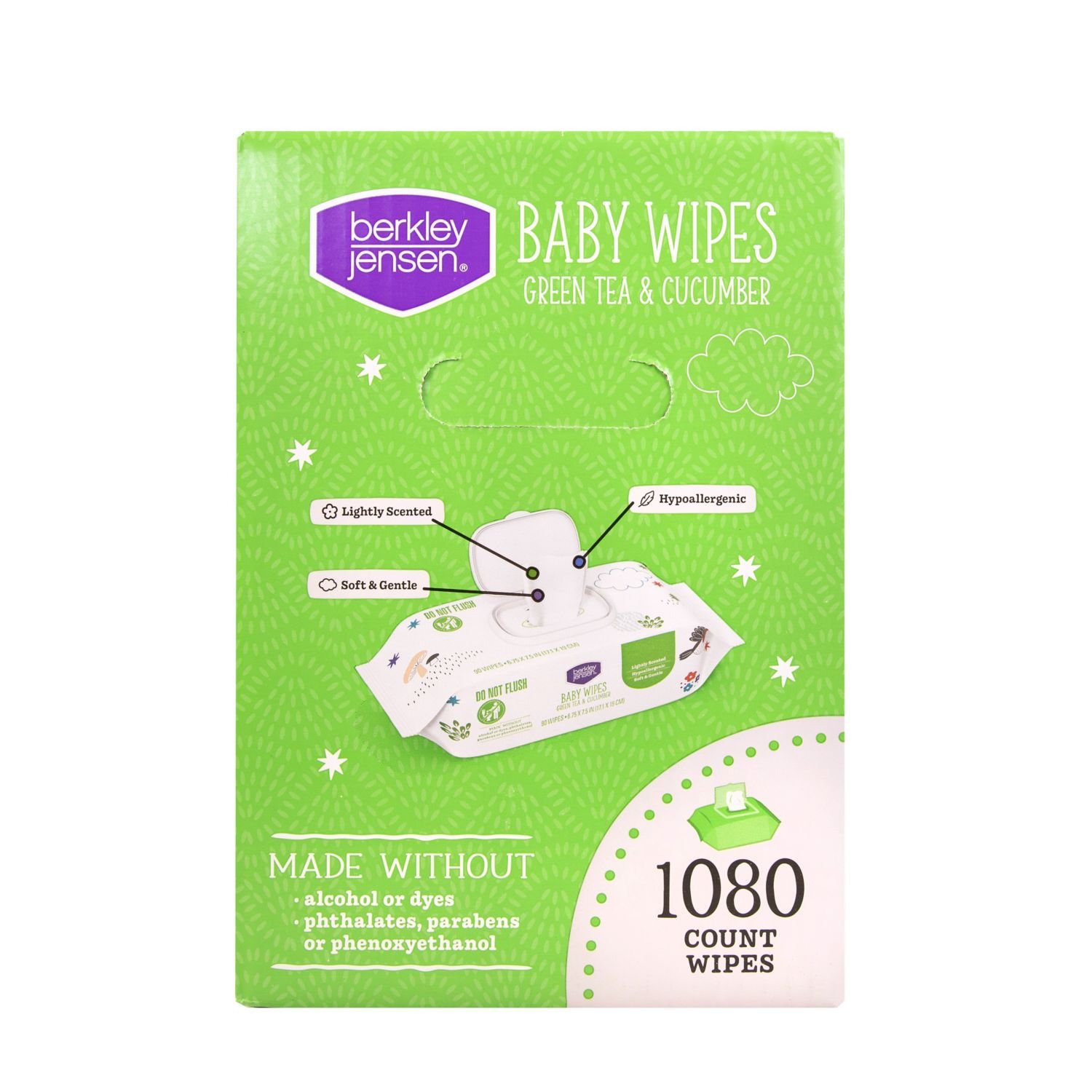 Berkley Jensen Baby Wipes - Green Tea & Cucumber, 12 Packs, 1,080 Count, 17.7 lb, White and Green Package, White Wipes - Image 2