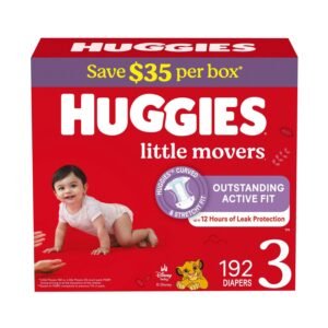 Huggies Little Movers Diapers, Size 3, 192 Count, 14.4 lb, Red Box, White Diapers