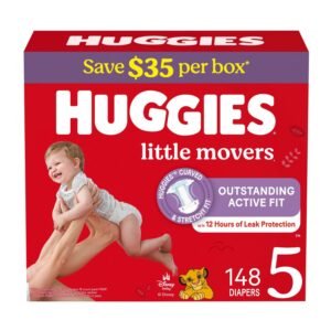 Huggies Little Movers Diapers, Size 5, 148 Count, 13.5 lb, Red Box, White Diapers
