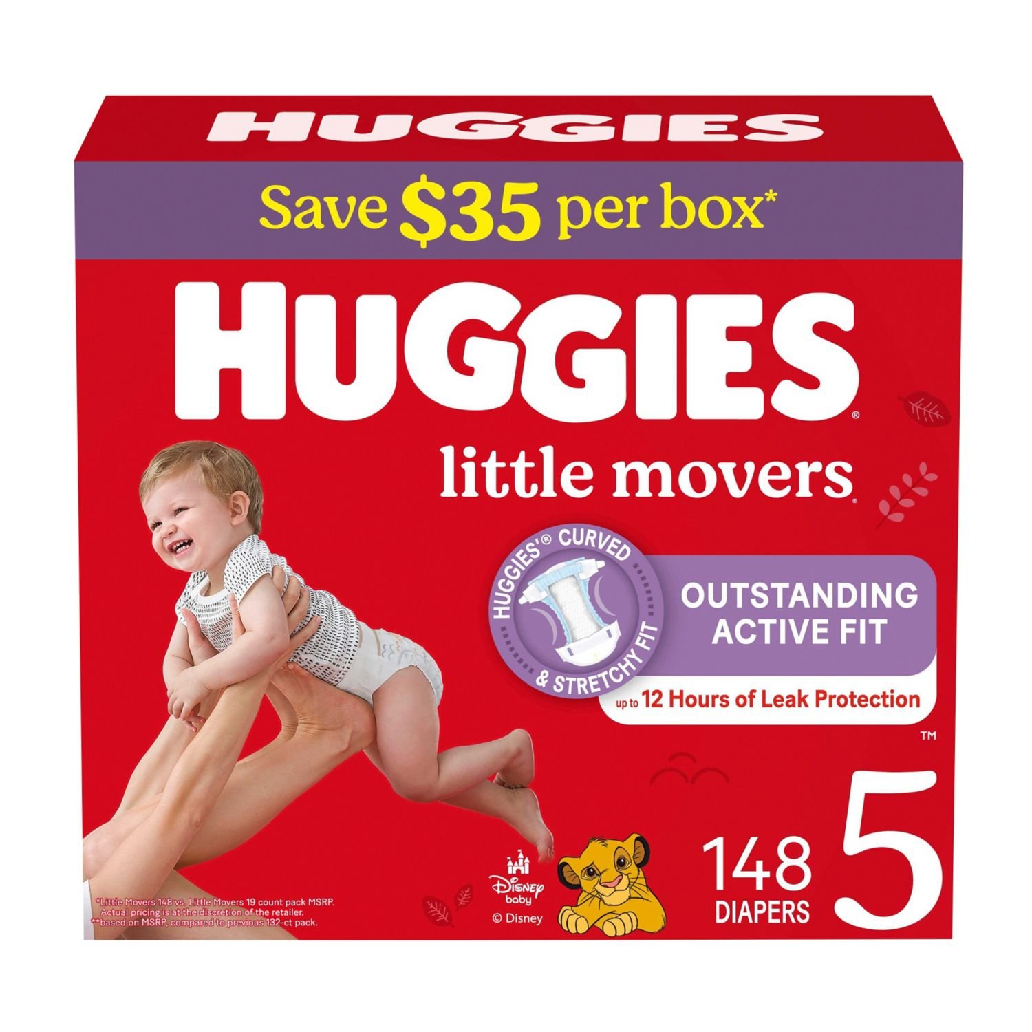 Huggies Little Movers Diapers, Size 5, 148 Count, 13.5 lb, Red Box, White Diapers