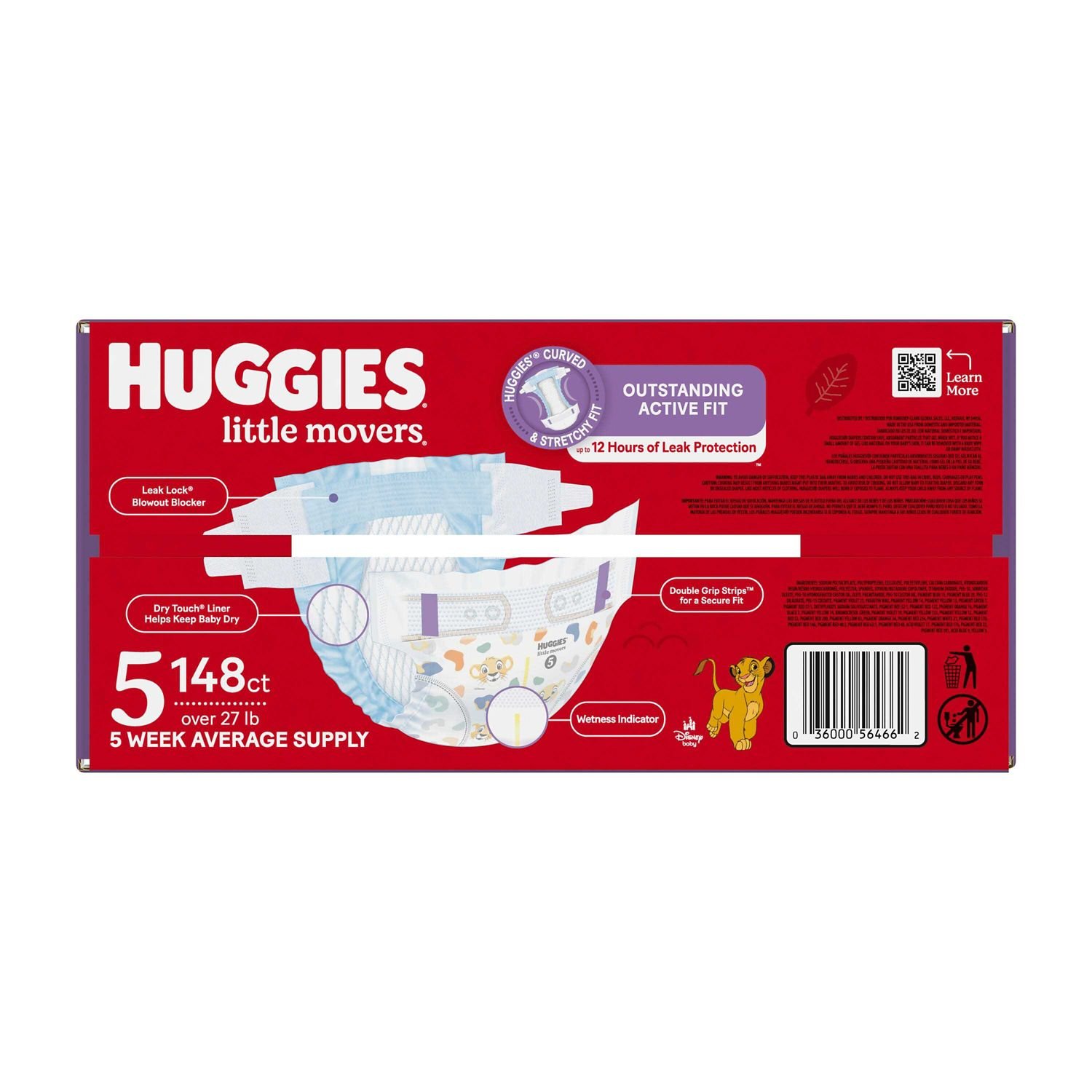 Huggies Little Movers Diapers, Size 5, 148 Count, 13.5 lb, Red Box, White Diapers - Image 4