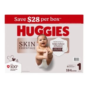 Huggies Skin Essentials Baby Diapers, Size 1, 184 Count, 10.5 lb, White and Red Box, White Diapers