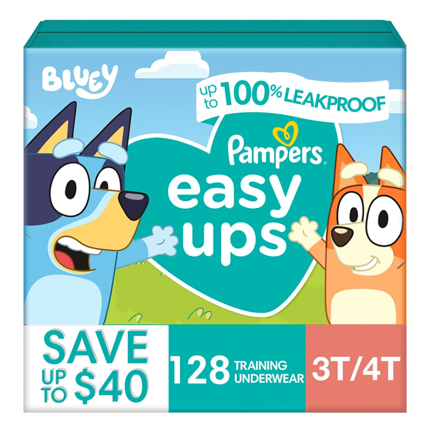 Pampers Easy Ups Training Underwear, Size 3T-4T, 128 Count, 9.16 lb, Teal Box, White Training Pants