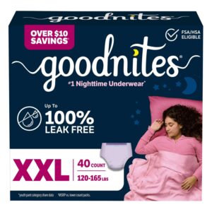 Goodnites Girls' Nighttime Bedwetting Underwear, Size XXL, 40 Count, 8 lb, Navy Blue Box, White Nighttime Underwear