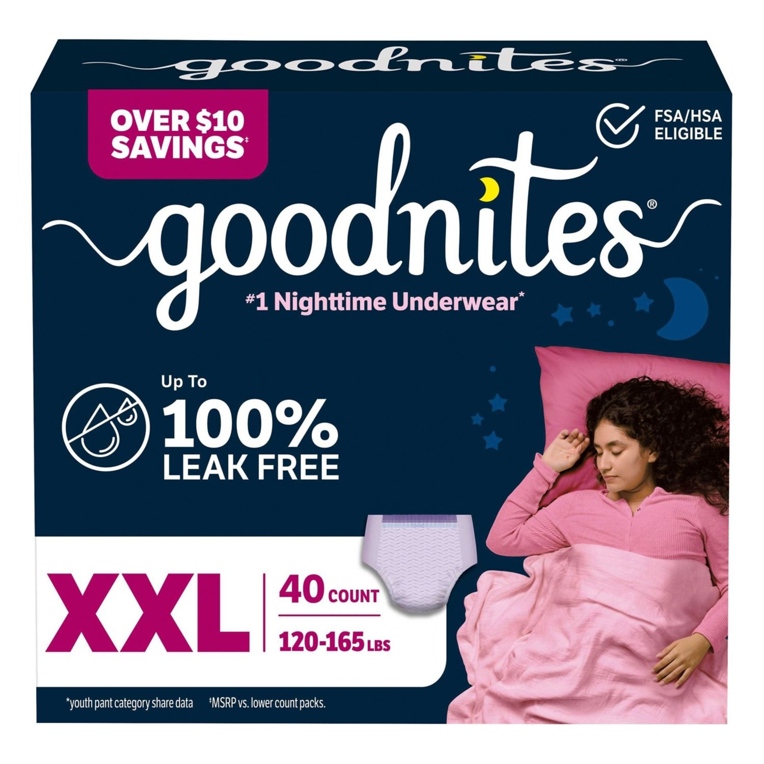 Goodnites Girls' Nighttime Bedwetting Underwear, Size XXL, 40 Count, 8 lb, Navy Blue Box, White Nighttime Underwear