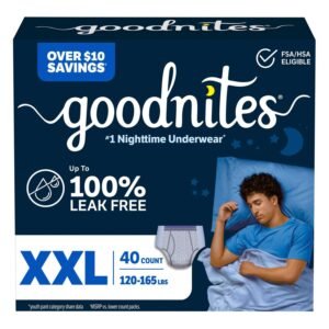Goodnites Boys' Nighttime Underwear, Size XXL, 40 Count, 8 lb, Navy Blue Box, White Nighttime Underwear
