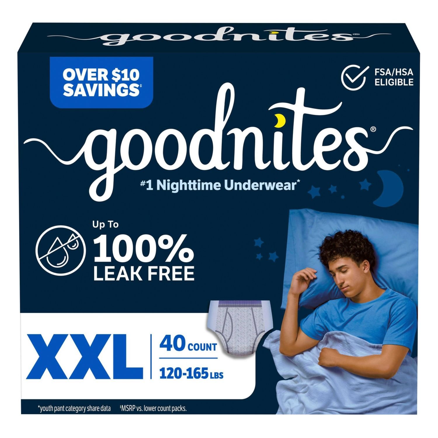 Goodnites Boys' Nighttime Underwear, Size XXL, 40 Count, 8 lb, Navy Blue Box, White Nighttime Underwear