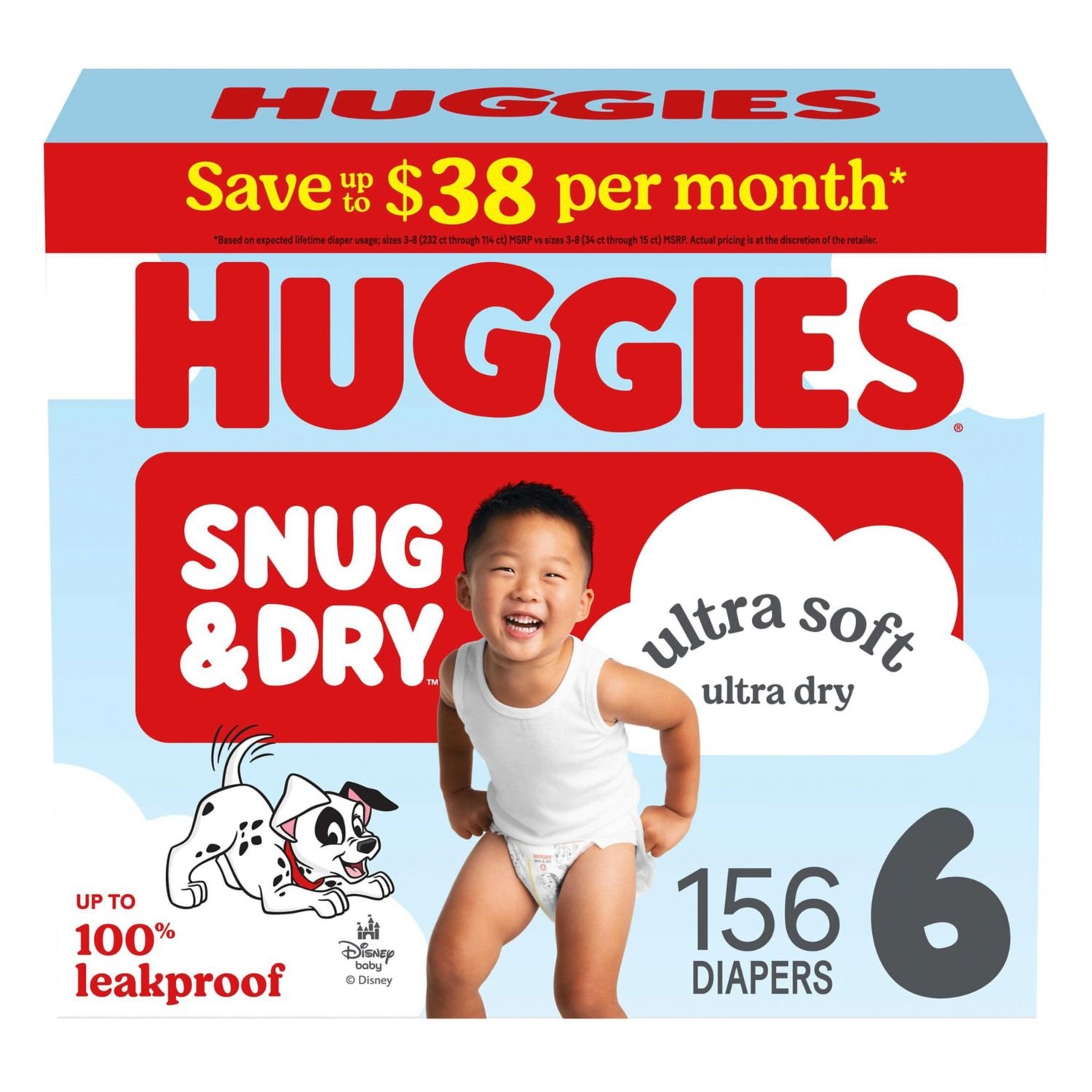 Huggies Snug & Dry Baby Diapers, Size 6, 156 Count, 15.3 lb, Blue Box, White Diapers