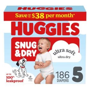 Huggies Snug & Dry Baby Diapers, Size 5, 186 Count, 17 lb, Blue Box, White Diapers