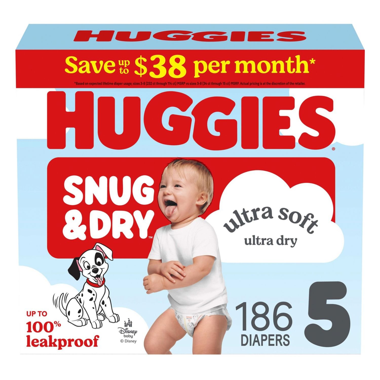 Huggies Snug & Dry Baby Diapers, Size 5, 186 Count, 17 lb, Blue Box, White Diapers
