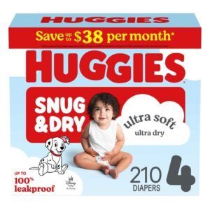 Huggies Snug & Dry Baby Diapers, Size 4, 210 Count, 17.8 lb, Blue Box, White Diapers