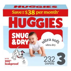 Huggies Snug & Dry Baby Diapers, Size 3, 232 Count, 17.1 lb, Blue Box, White Diapers