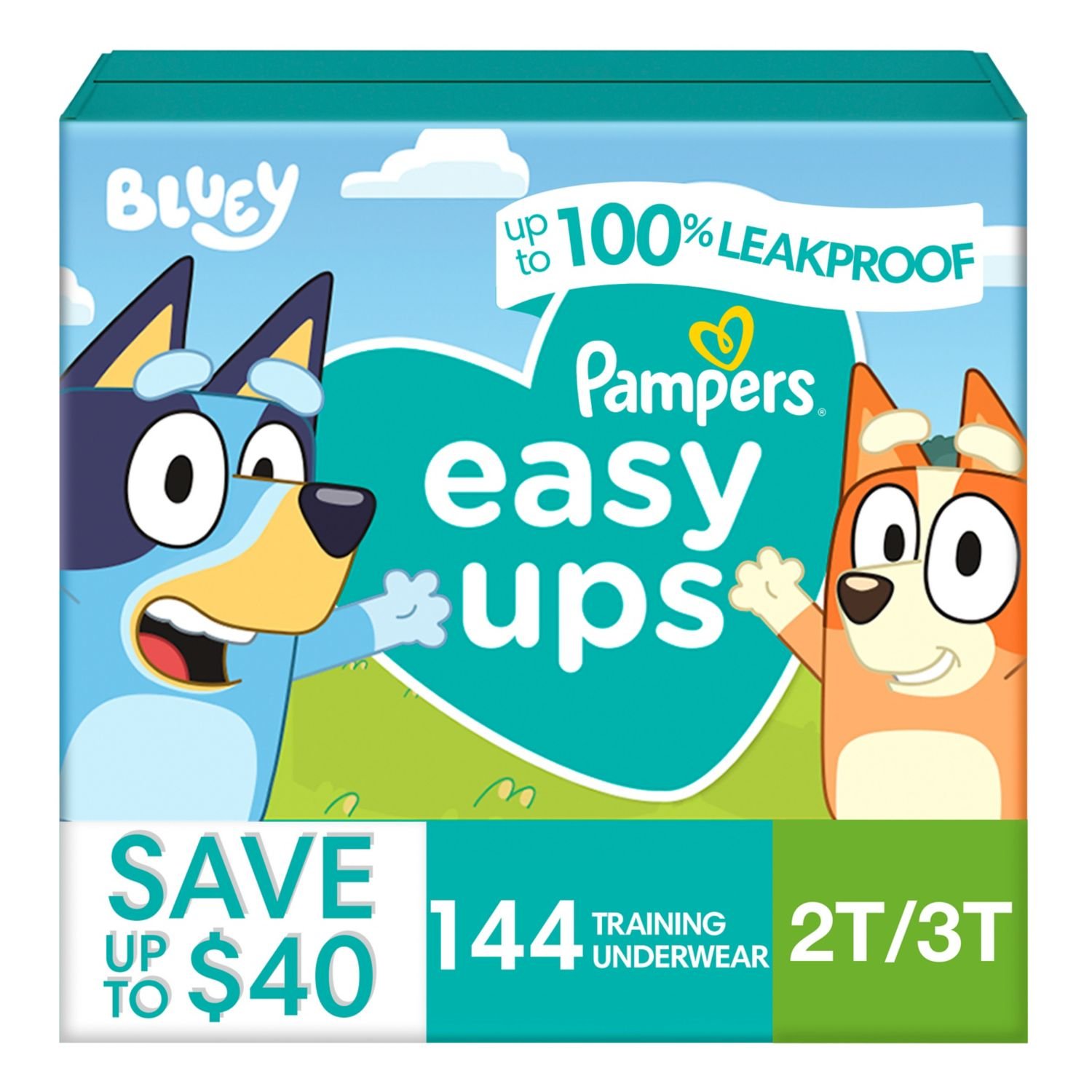 Pampers Easy Ups Training Underwear, Size 2T-3T, 144 Count, 9.62 lb, Teal Box, White Training Pants