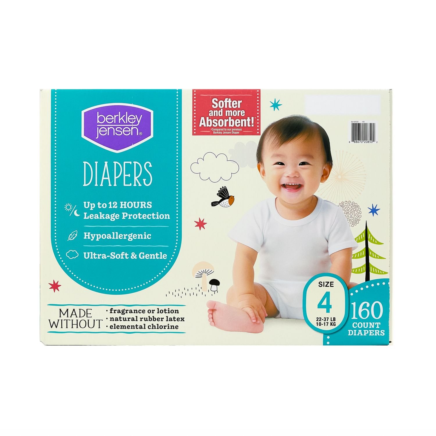 Berkley Jensen Diapers, Size 4, 160 Count, 11.65 lb, White and Teal Box, White Diapers - Image 3