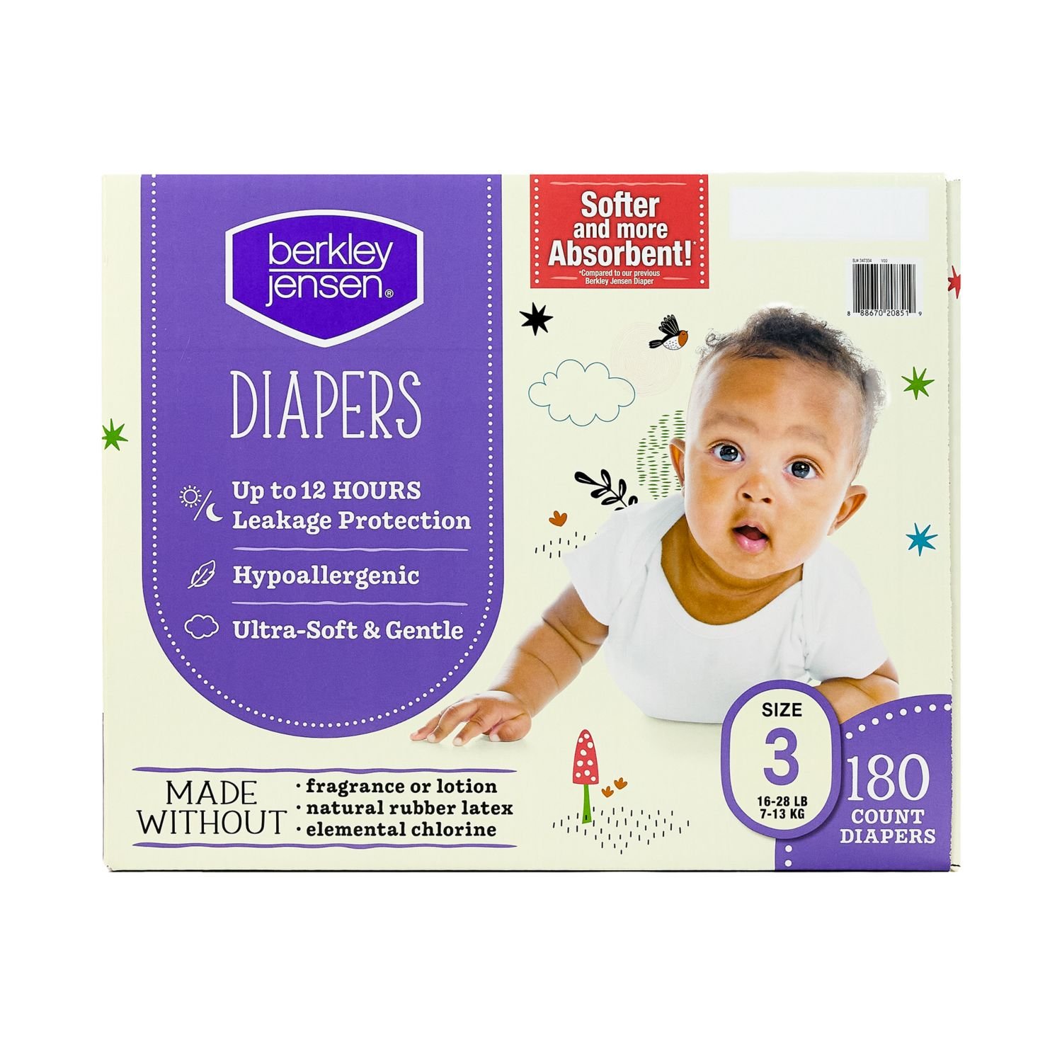 Berkley Jensen Diapers, Size 3, 180 Count, 11.17 lb, White and Purple Box, White Diapers - Image 2