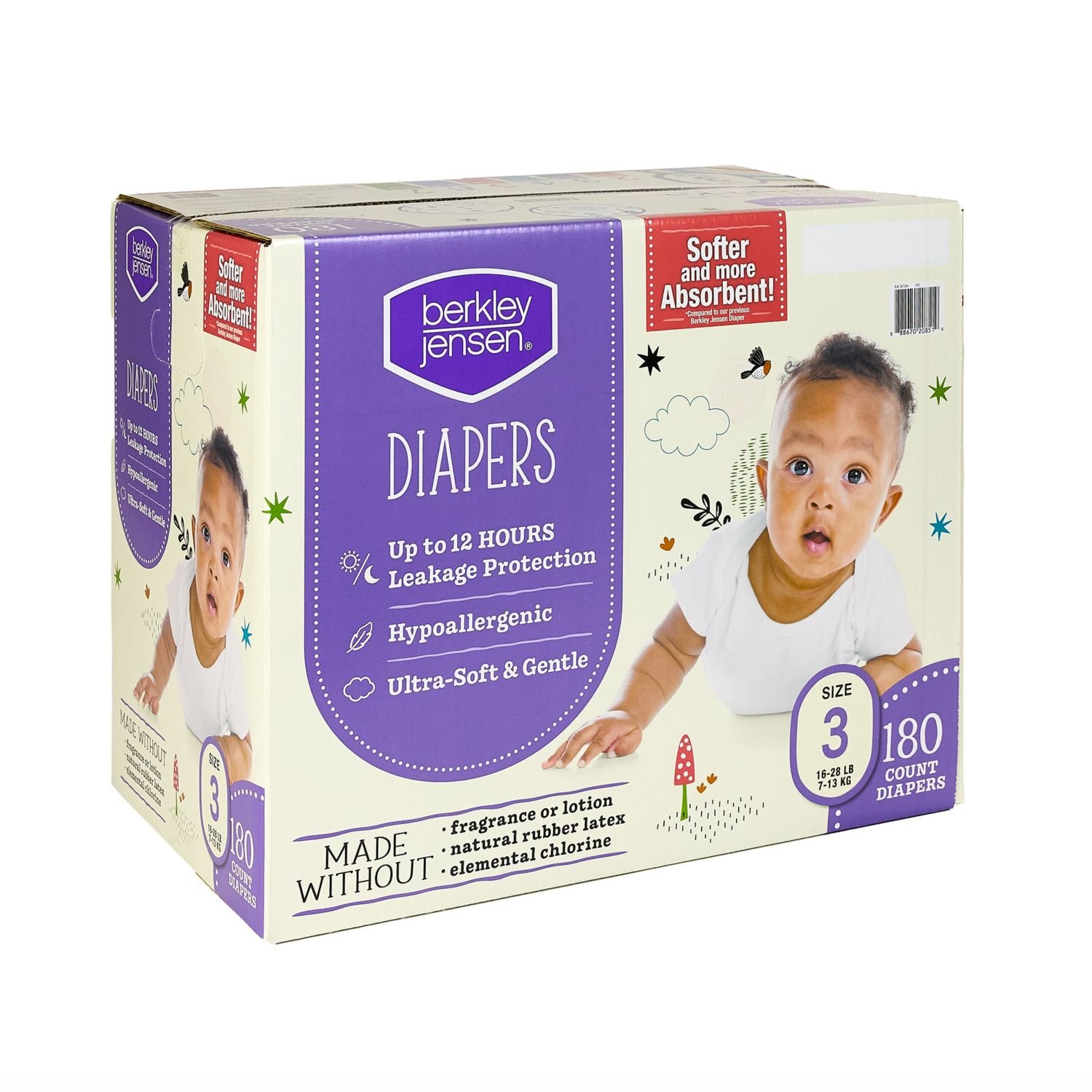 Berkley Jensen Diapers, Size 3, 180 Count, 11.17 lb, White and Purple Box, White Diapers - Image 3