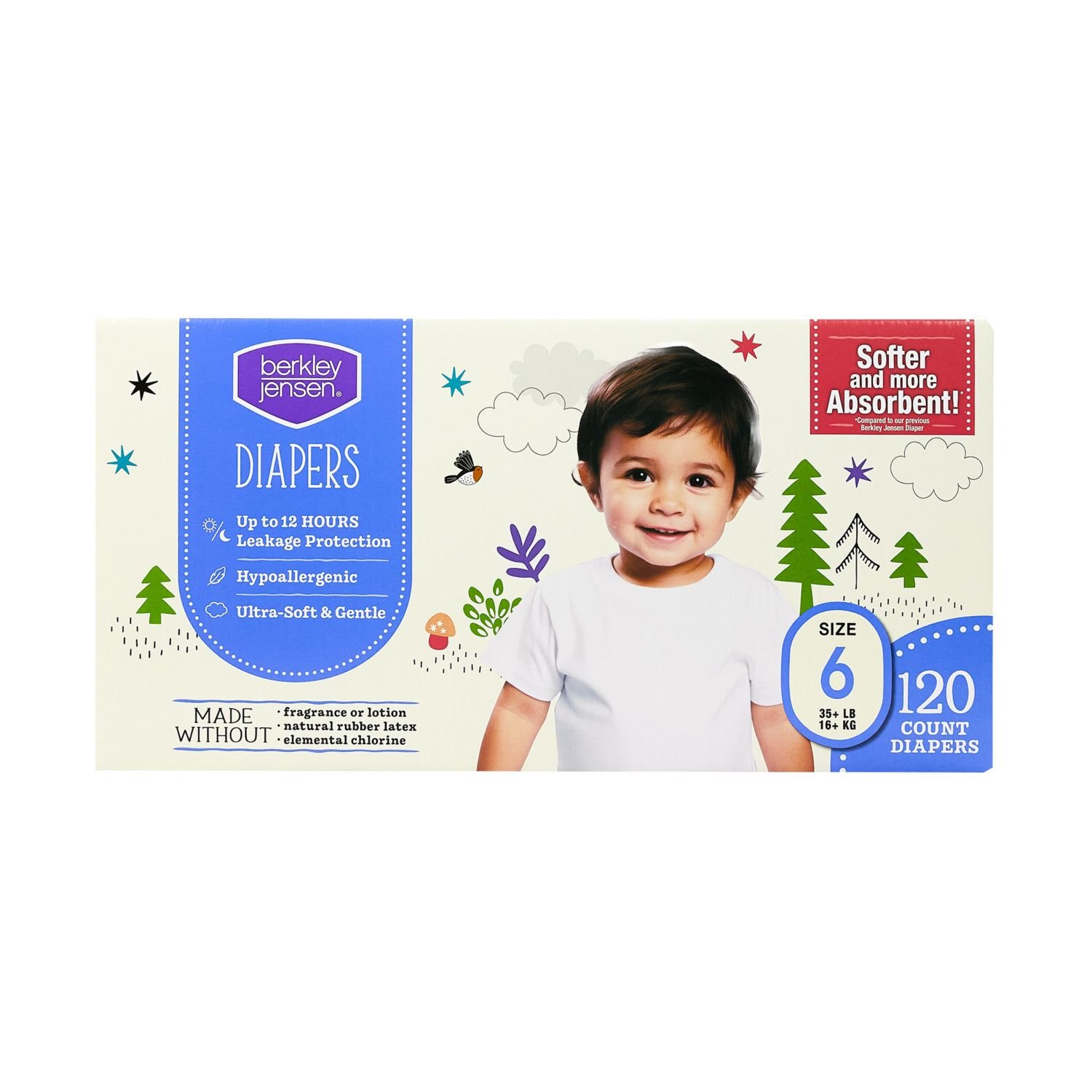Berkley Jensen Diapers, Size 6, 120 Count, 9.85 lb, White and Blue Box, White Diapers