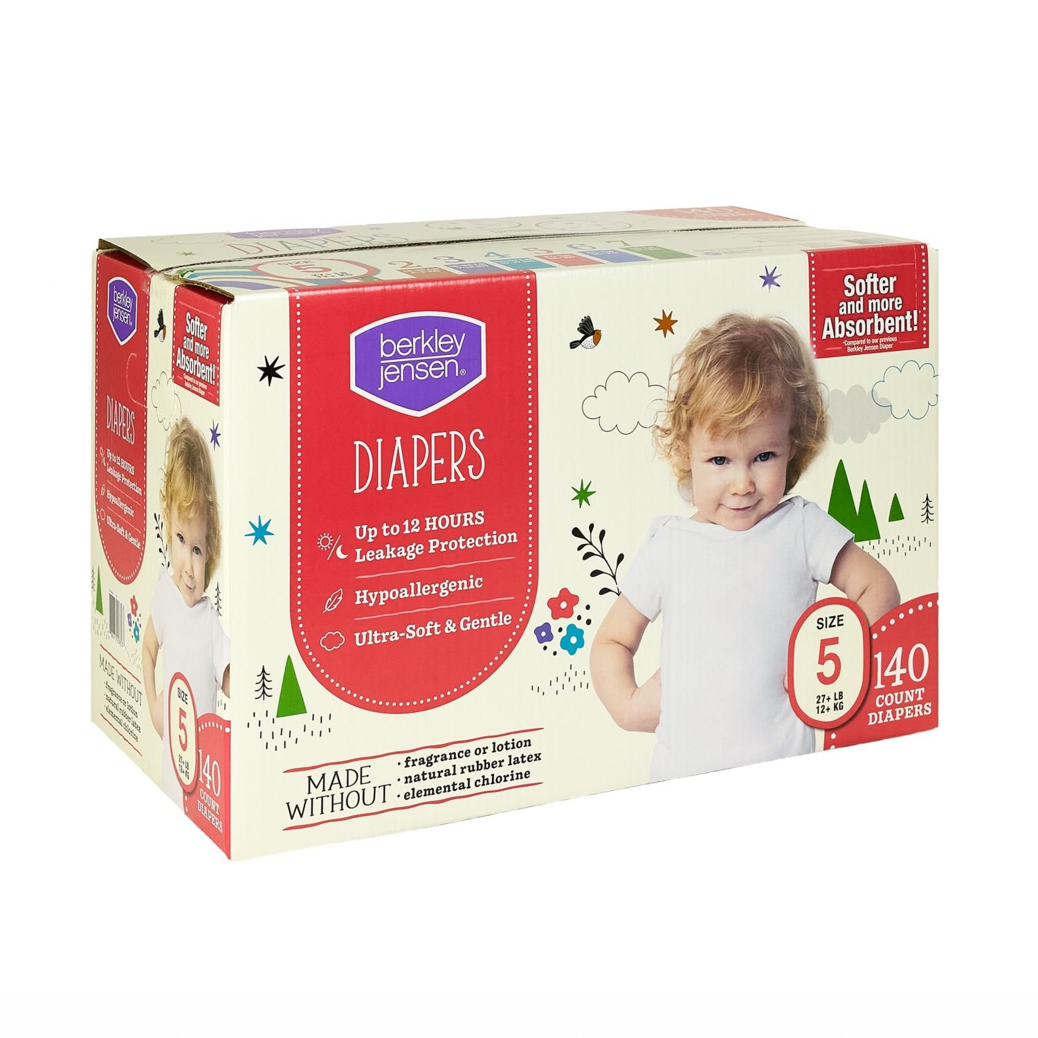 Berkley Jensen Diapers, Size 5, 140 Count, 10.46 lb, White and Red Box, White Diapers - Image 3