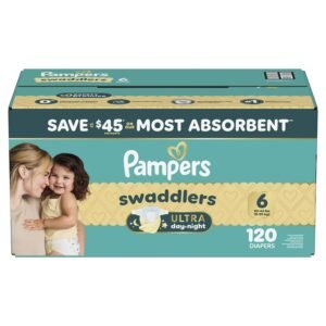 Pampers Swaddlers Ultra Day & Night Diapers, Size 6, 120 Count, 10.69 lb, Teal Box, White Diapers