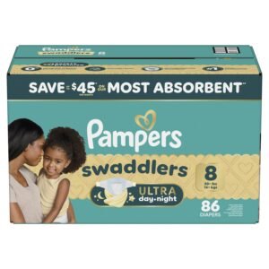 Pampers Swaddlers Ultra Day & Night Diapers, Size 8, 86 Count, 8.94 lb, Teal Box, White Diapers