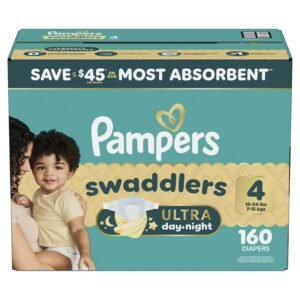 Pampers Swaddlers Ultra Day & Night Diapers, Size 4, 160 Count, 12.74 lb, Teal Box, White Diapers