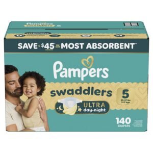 Pampers Swaddlers Ultra Day & Night Diapers, Size 5, 140 Count, 11.83 lb, Teal Box, White Diapers