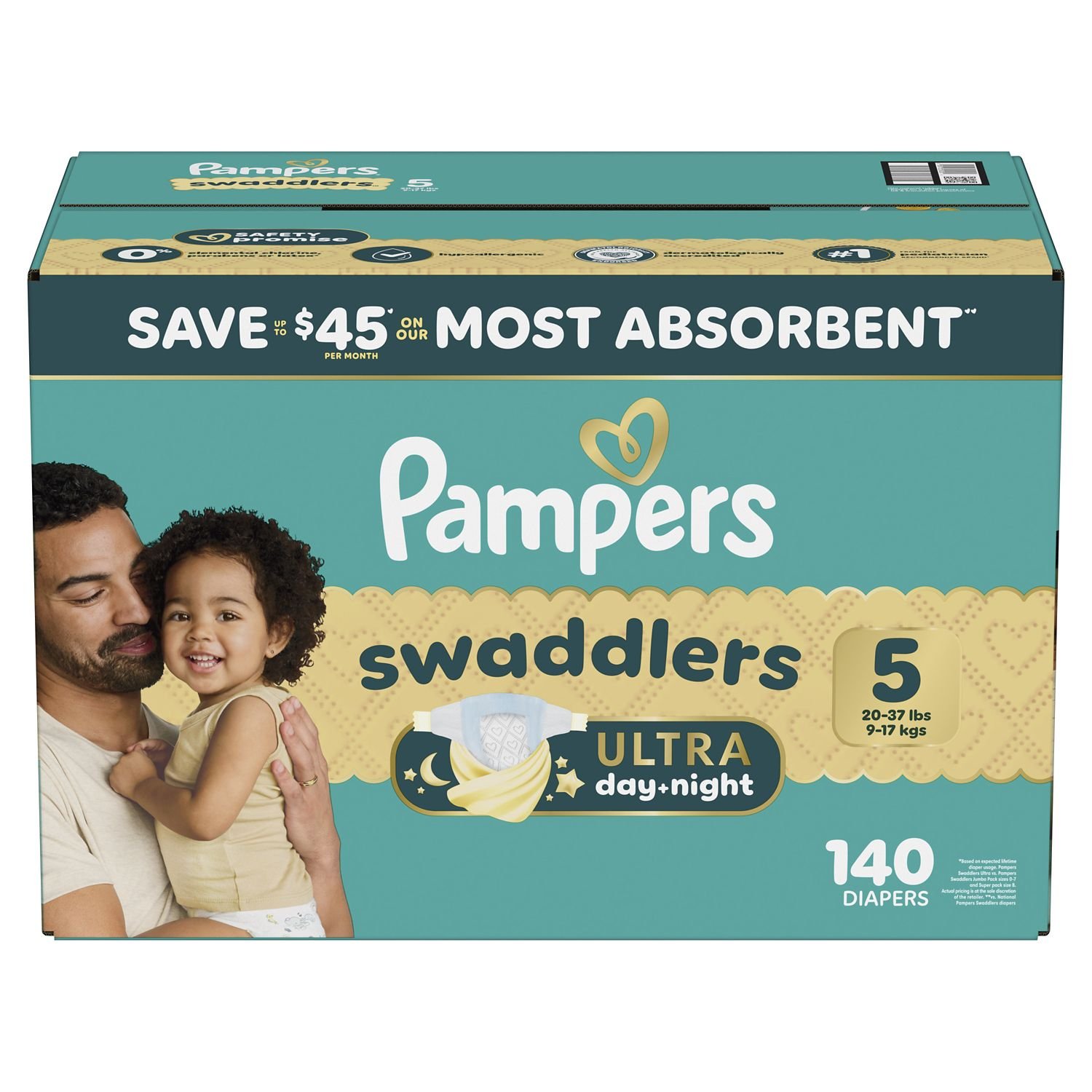 Pampers Swaddlers Ultra Day & Night Diapers, Size 5, 140 Count, 11.83 lb, Teal Box, White Diapers