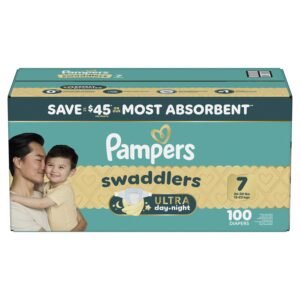 Pampers Swaddlers Ultra Day & Night Diapers, Size 7, 100 Count, 9.67 lb, Teal Box, White Diapers