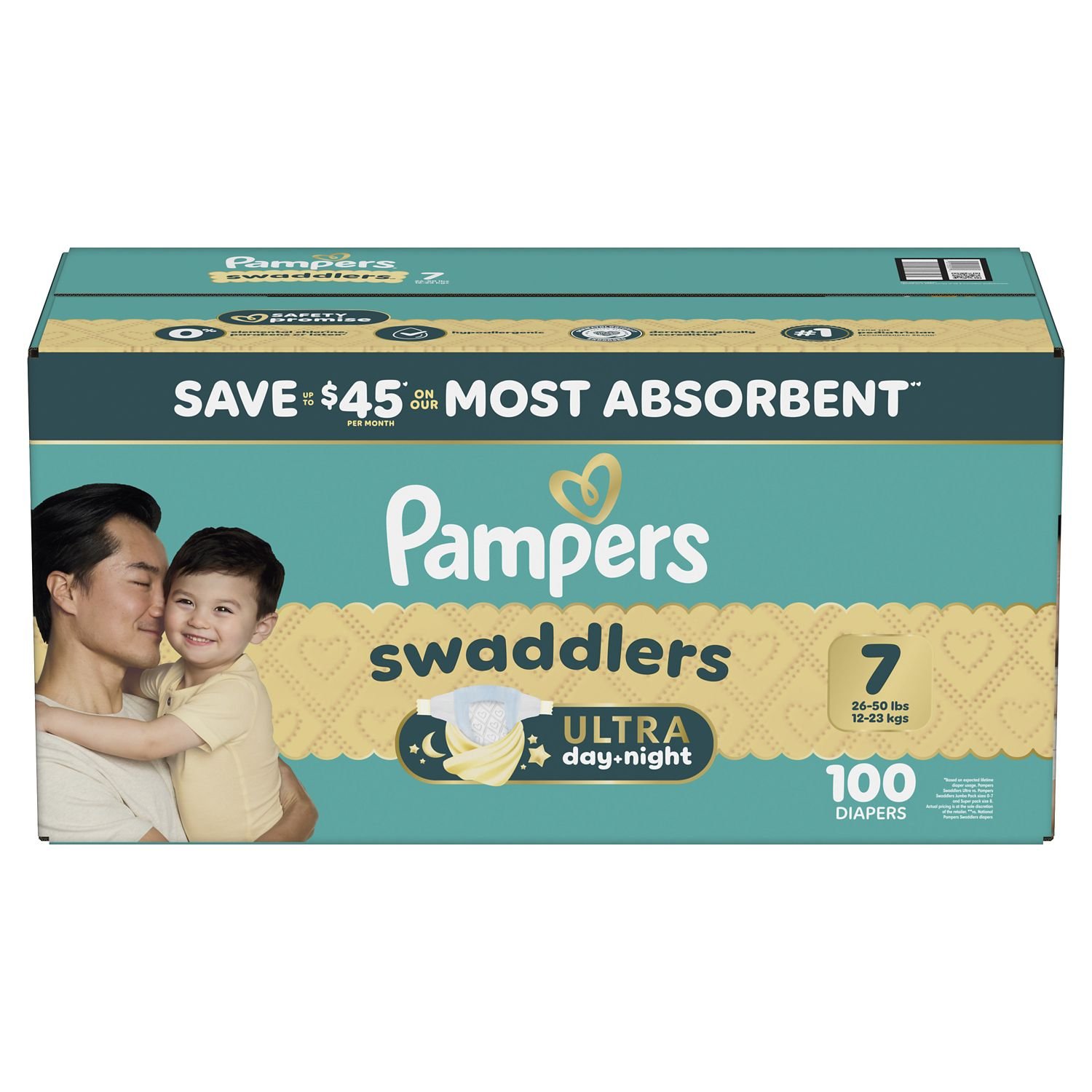 Pampers Swaddlers Ultra Day & Night Diapers, Size 7, 100 Count, 9.67 lb, Teal Box, White Diapers