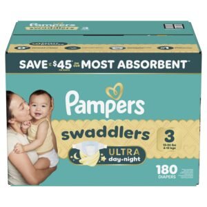Pampers Swaddlers Ultra Day & Night Diapers, Size 3, 180 Count, 13.36 lb, Teal Box, White Diapers
