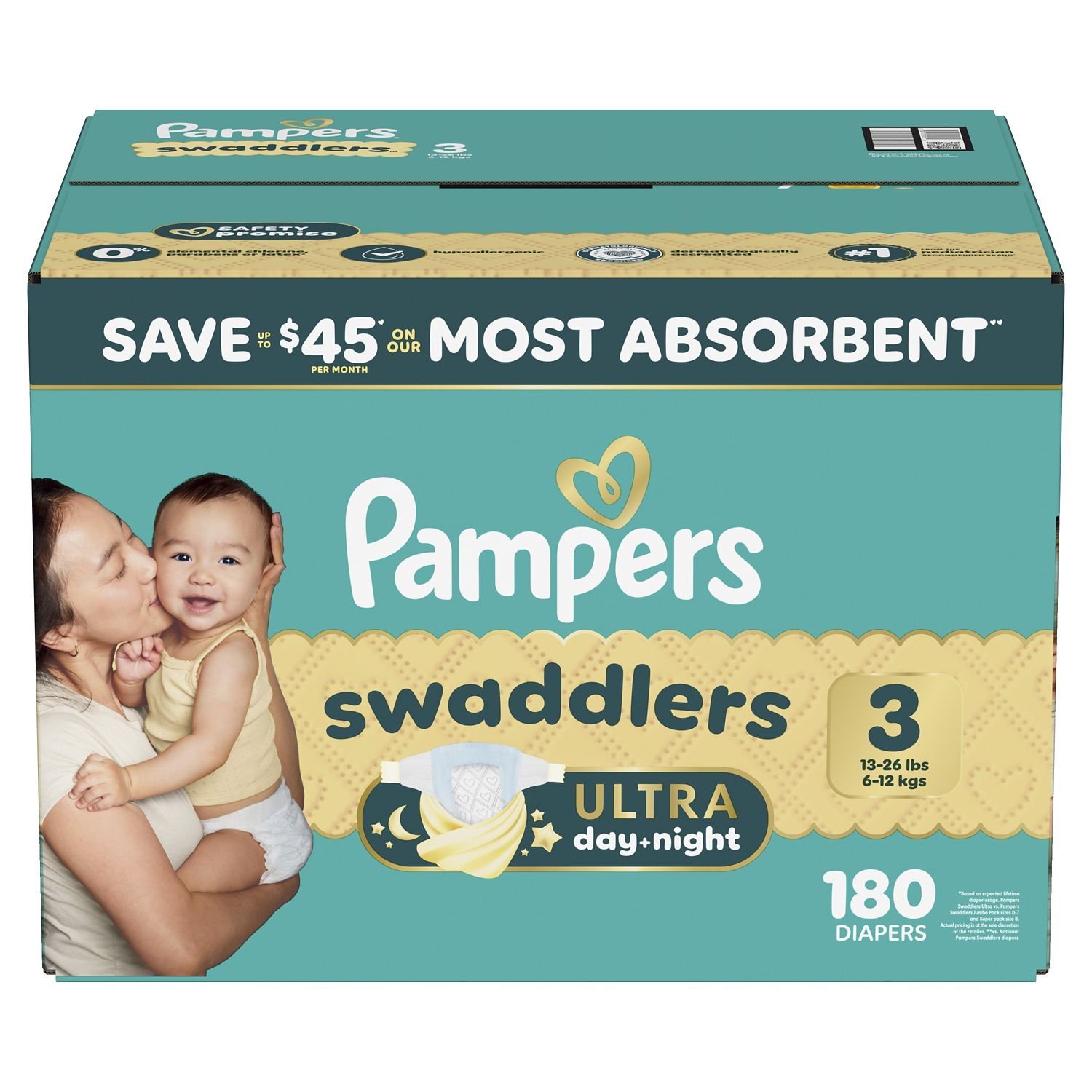 Pampers Swaddlers Ultra Day & Night Diapers, Size 3, 180 Count, 13.36 lb, Teal Box, White Diapers