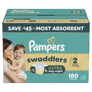 Pampers Swaddlers Ultra Day & Night Diapers, Size 2, 182 Count, 11.76 lb, Teal Box, White Diapers
