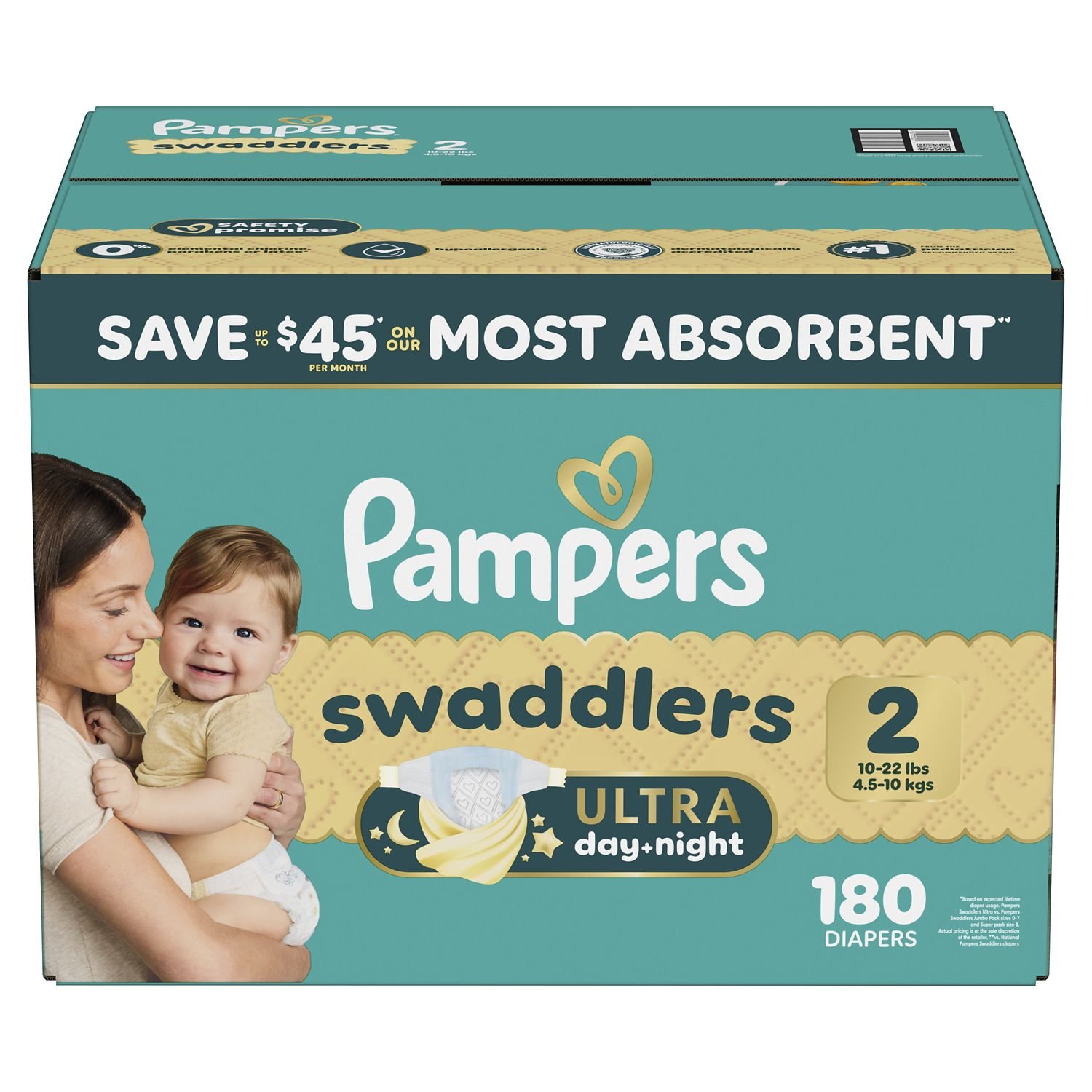 Pampers Swaddlers Ultra Day & Night Diapers, Size 2, 182 Count, 11.76 lb, Teal Box, White Diapers