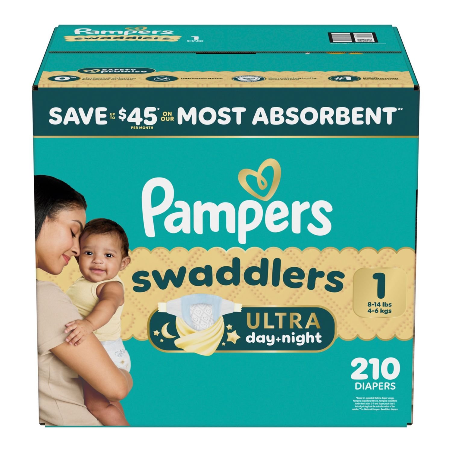 Pampers Swaddlers Ultra Day & Night Diapers, Size 1, 210 Count, 11.57 lb, Teal Box, White Diapers