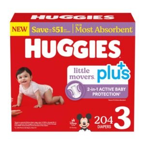 Huggies Little Movers Plus Baby Diapers, Size 3, 204 Count, 15.7 lb, Red Box, White Diapers