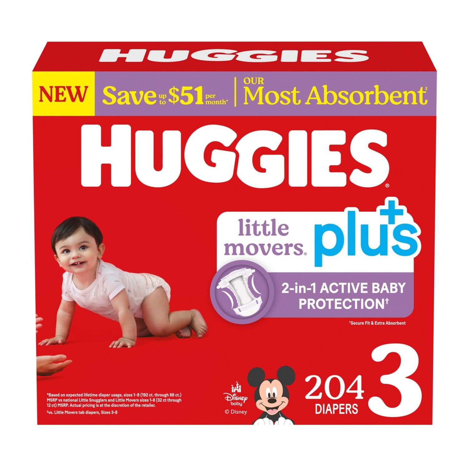 Huggies Little Movers Plus Baby Diapers, Size 3, 204 Count, 15.7 lb, Red Box, White Diapers