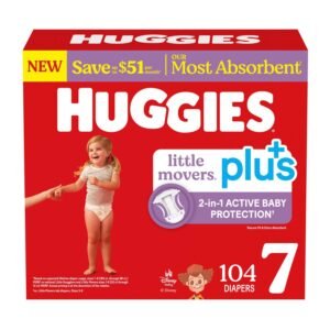 Huggies Little Movers Plus Baby Diapers, Size 7, 104 Count, 11 lb, Red Box, White Diapers