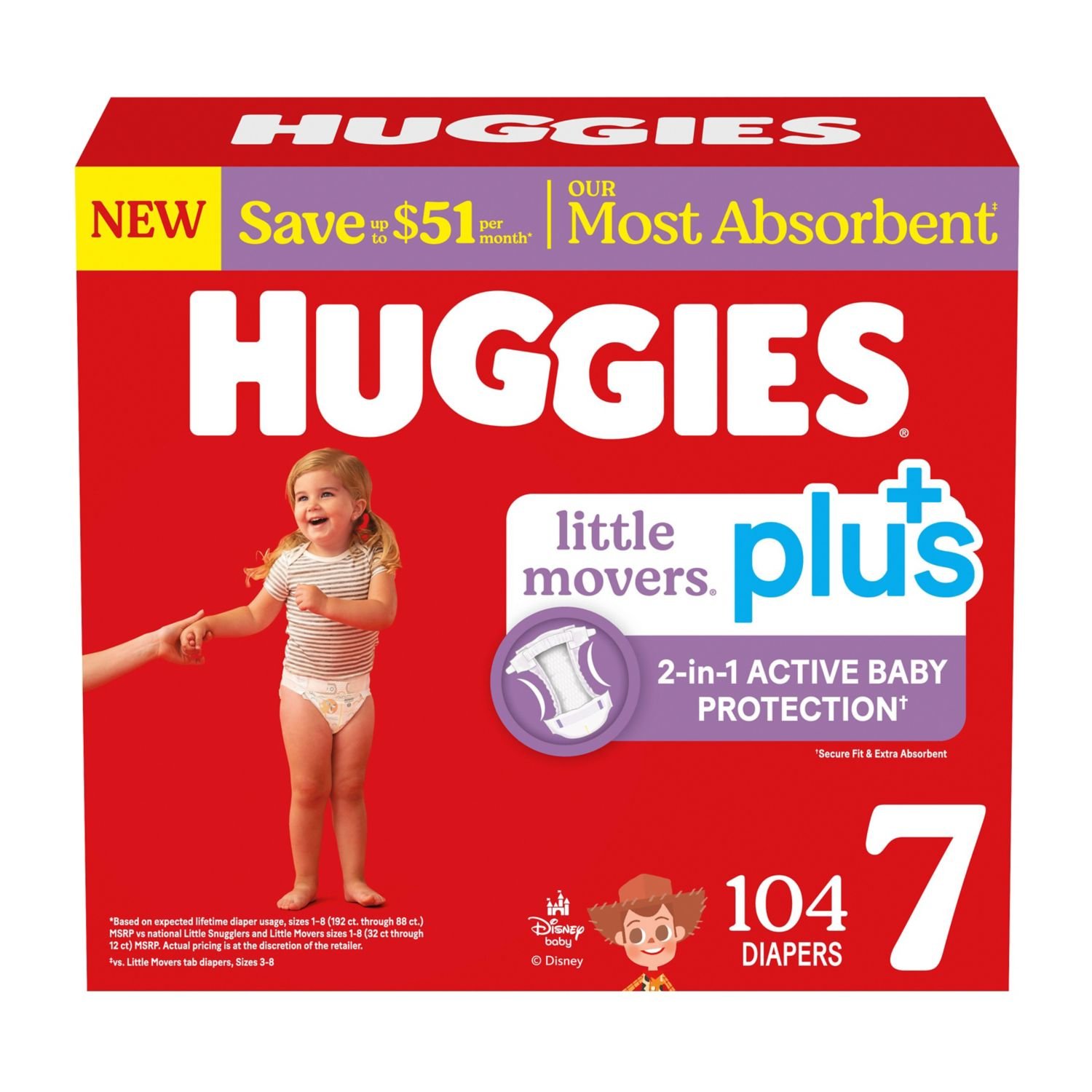 Huggies Little Movers Plus Baby Diapers, Size 7, 104 Count, 11 lb, Red Box, White Diapers