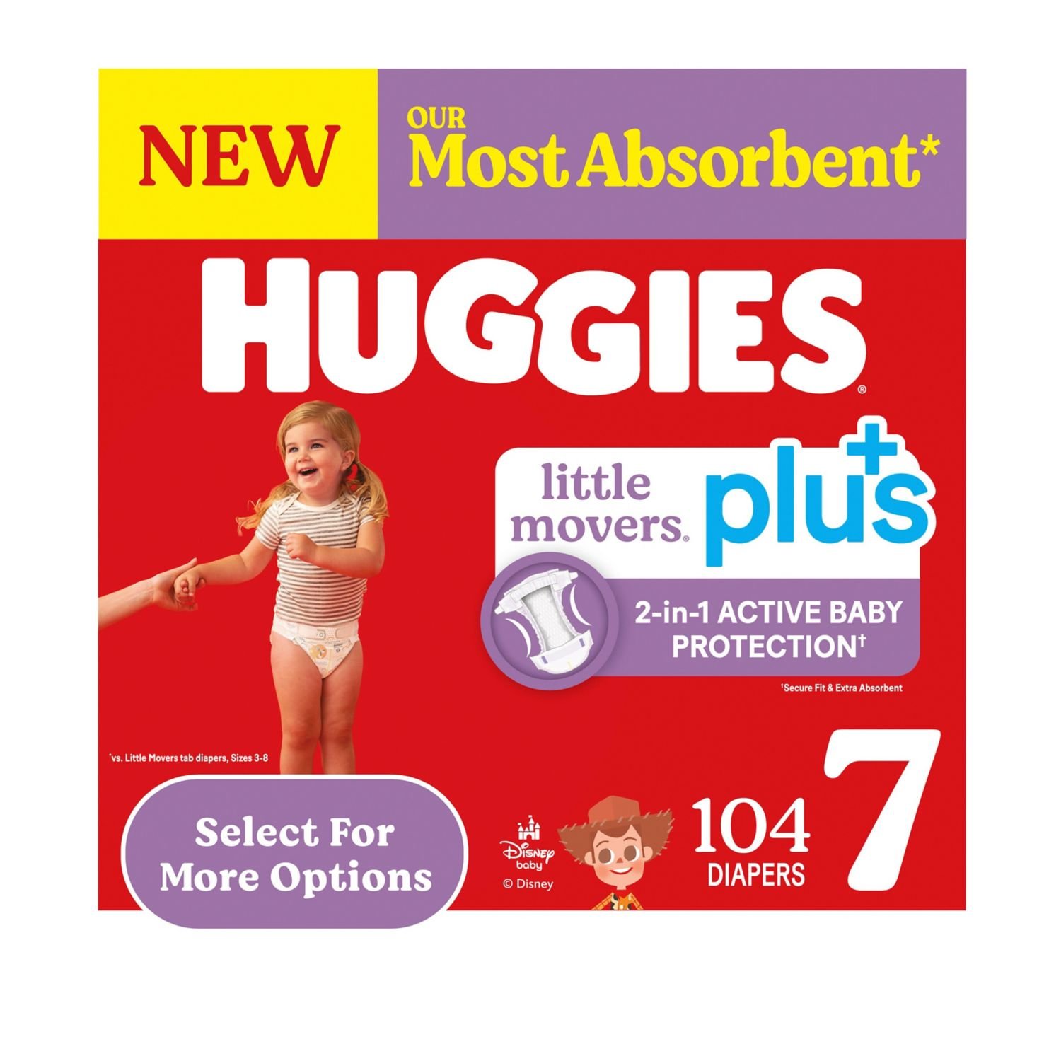 Huggies Little Movers Plus Baby Diapers, Size 7, 104 Count, 11 lb, Red Box, White Diapers - Image 2
