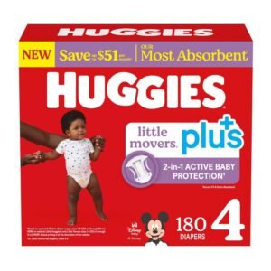 Huggies Little Movers Plus Baby Diapers, Size 4, 180 Count, 16.1 lb, Red Box, White Diapers