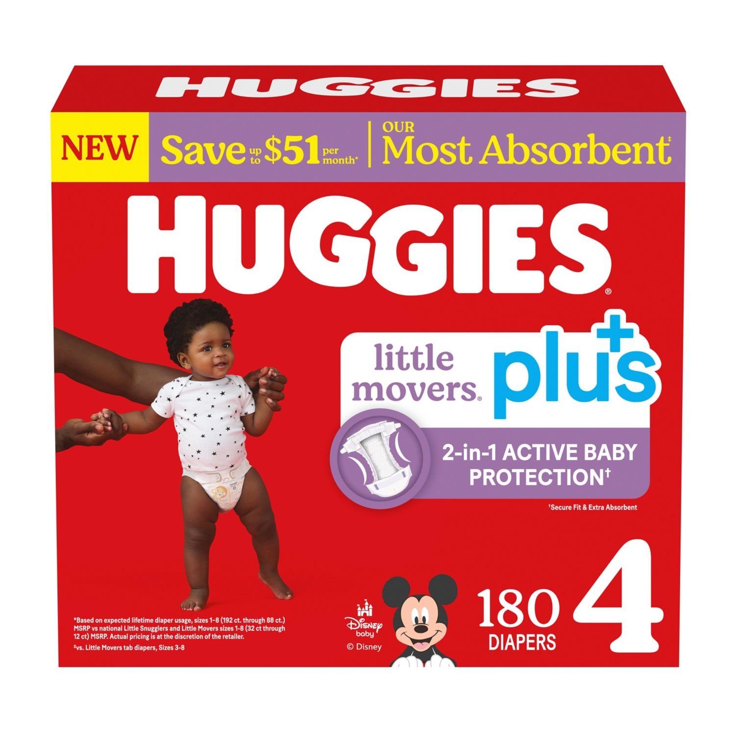 Huggies Little Movers Plus Baby Diapers, Size 4, 180 Count, 16.1 lb, Red Box, White Diapers