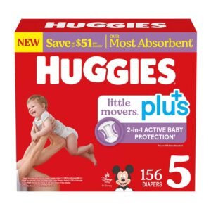 Huggies Little Movers Plus Baby Diapers, Size 5, 156 Count, 15.1 lb, Red Box, White Diapers