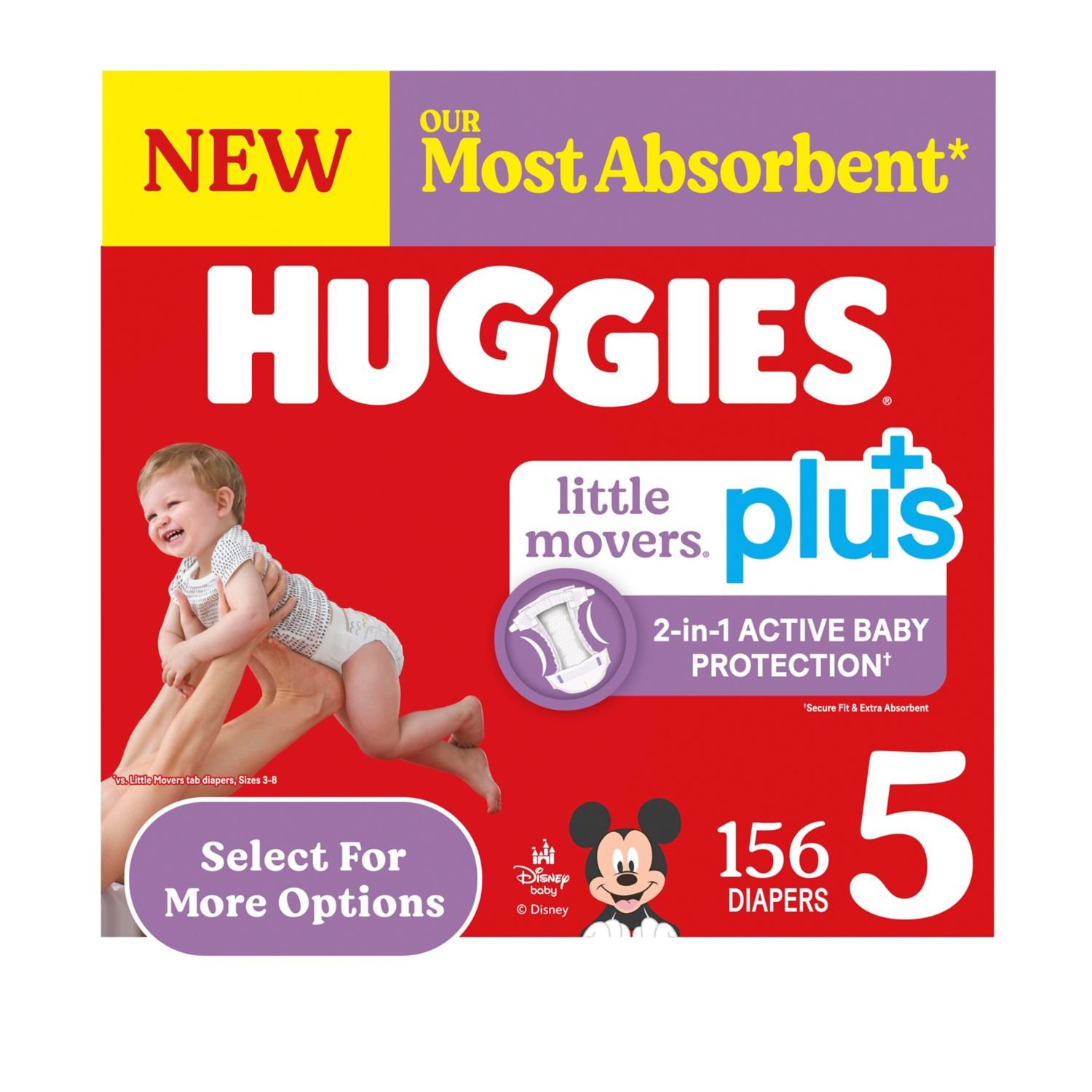 Huggies Little Movers Plus Baby Diapers, Size 5, 156 Count, 15.1 lb, Red Box, White Diapers - Image 2