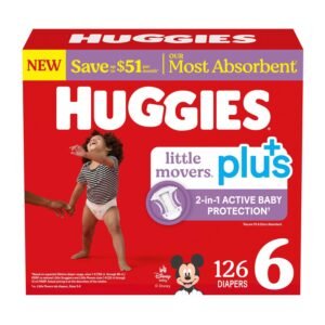 Huggies Little Movers Plus Baby Diapers, Size 6, 126 Count, 13.2 lb, Red Box, White Diapers