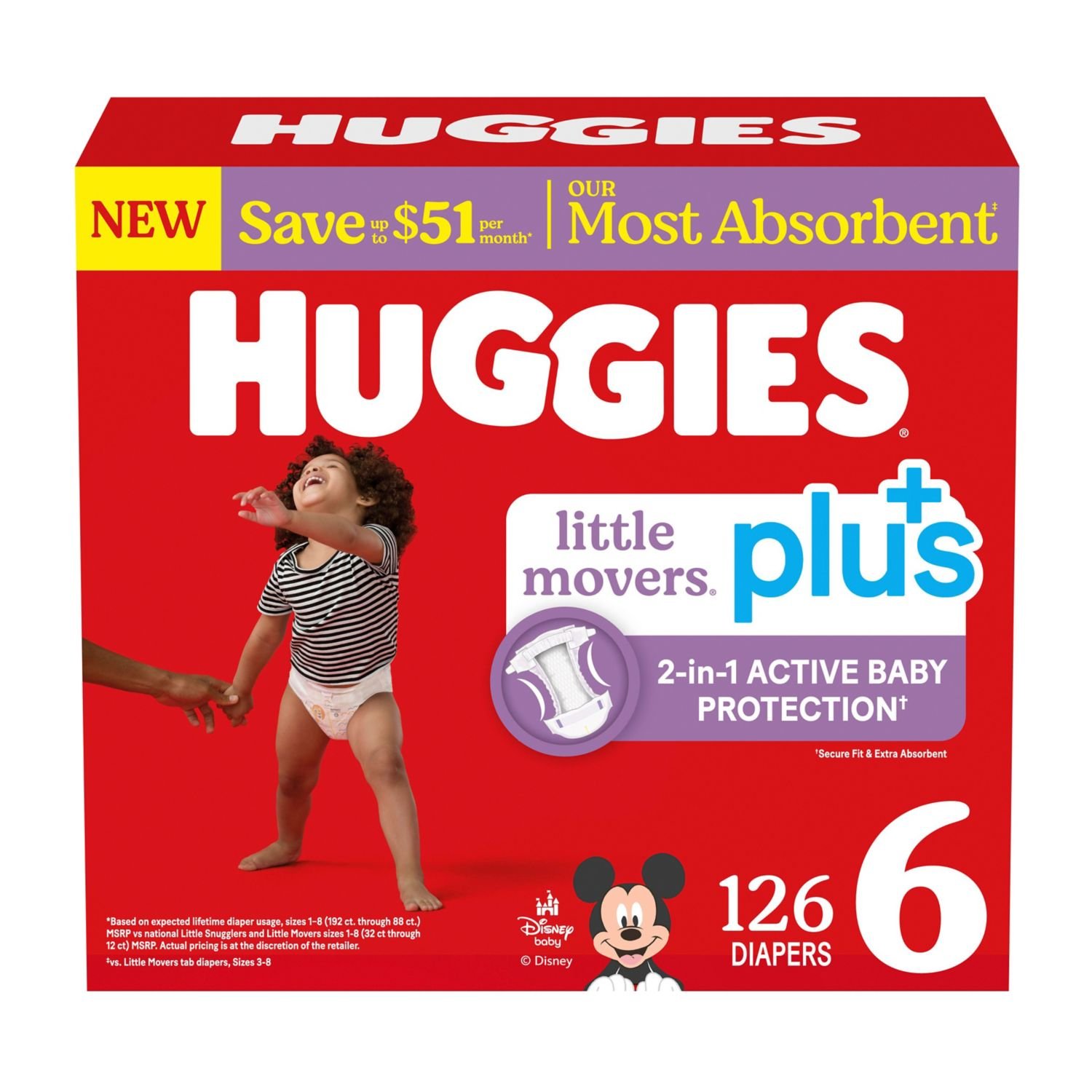 Huggies Little Movers Plus Baby Diapers, Size 6, 126 Count, 13.2 lb, Red Box, White Diapers