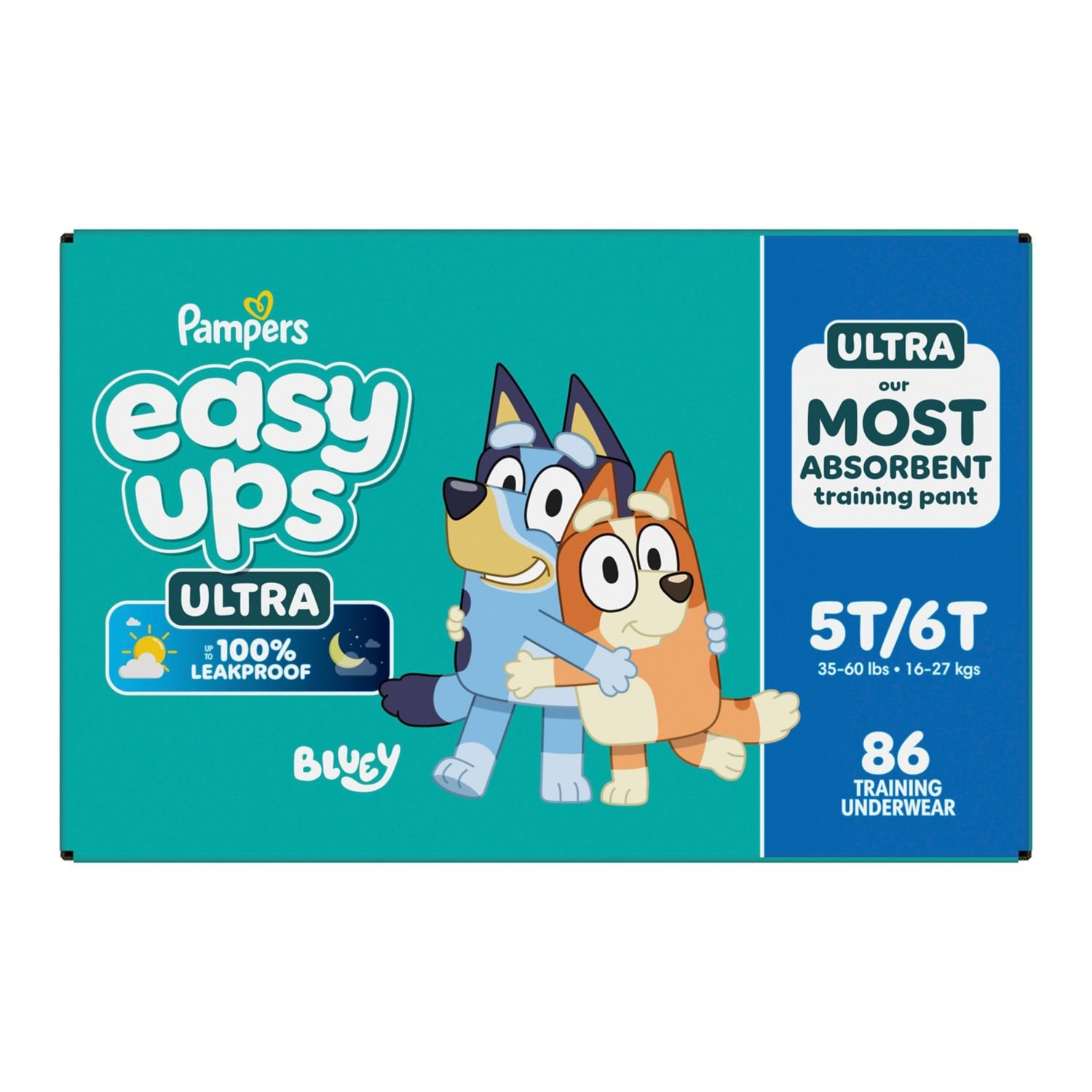 Pampers Easy Ups Ultra Training Pants, Unisex, Size 5T-6T, 86 Count, 8.01 lb, Teal Box, White Training Pants
